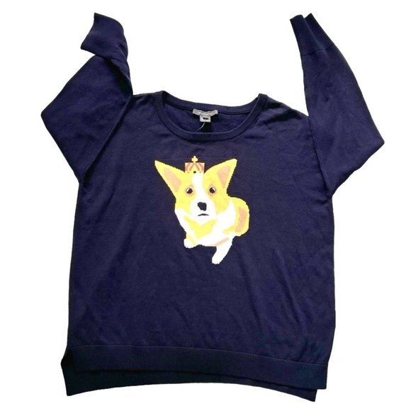 French Connection Sweater Corgi Dog Women's Size Large Navy Blue Crewneck - Picture 1 of 6